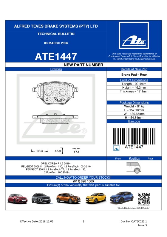 ATE1447 NEW! Brake Pad for Opel Corsa F, Peugeot 2008 II, Peugeout 208 II. featured image